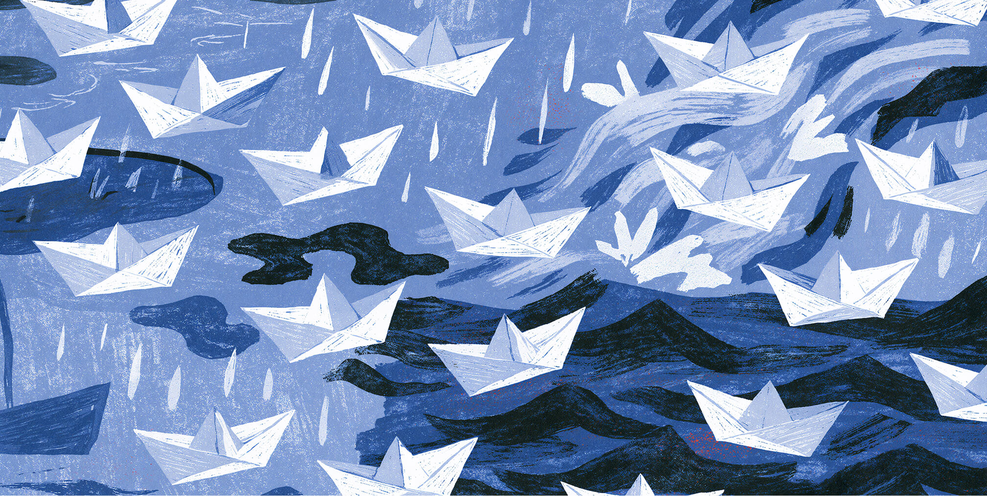 Illustration of paper boats navigating rough waters, symbolizing how strong branding helps businesses stand out, stay resilient, and guide customers through crowded markets.
