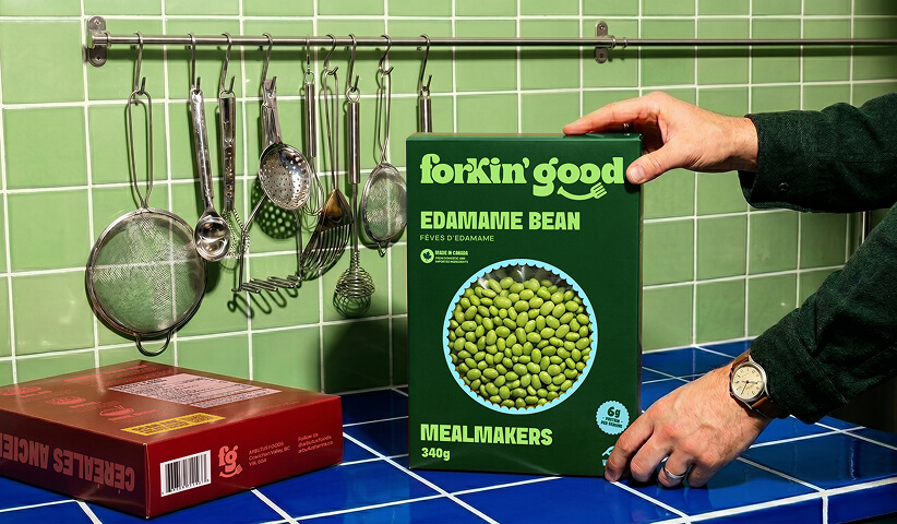 Forkin' Good retail packaging displayed in a kitchen setting, demonstrating how packaging communicates brand personality and attracts attention at the point of purchase.
