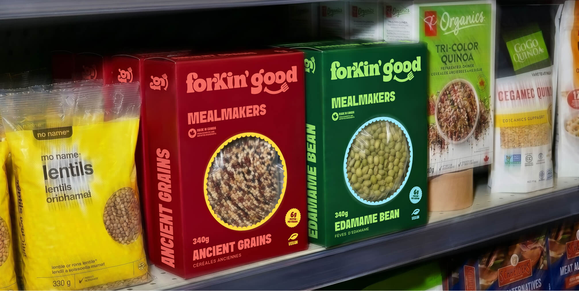 Forkin' Good products displayed on a grocery store shelf, demonstrating how strong branding differentiates products and increases shelf presence in competitive retail environments.