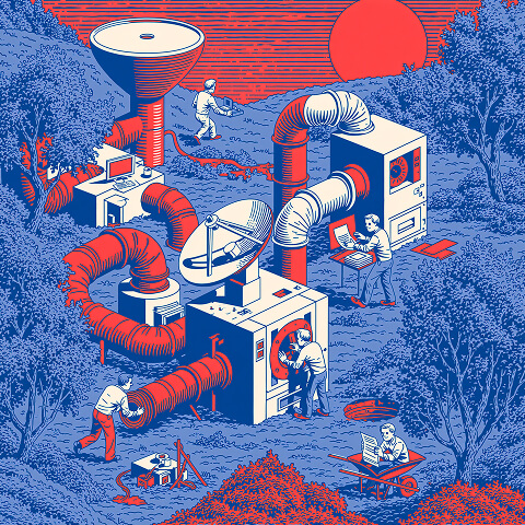 Team members constructing an interconnected system of machines and pipelines, illustrating how effective brands are built through coordinated strategy, research, and execution.