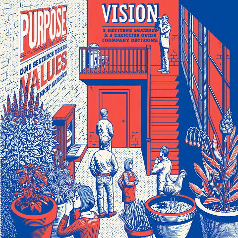 People gathered beneath large "Purpose," "Values," and "Vision" signs, illustrating how clearly defined brand foundations align teams and guide business decisions.
