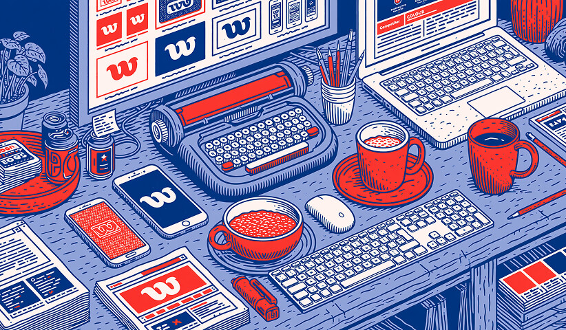 Workspace filled with branding tools, typography, digital assets, and design equipment, representing the many creative disciplines involved in developing a cohesive brand identity.