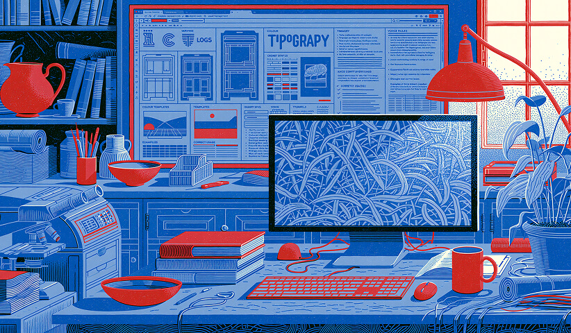 Designer's workspace displaying typography, logo systems, brand guidelines, and visual identity assets, representing the development of a consistent and scalable brand system.