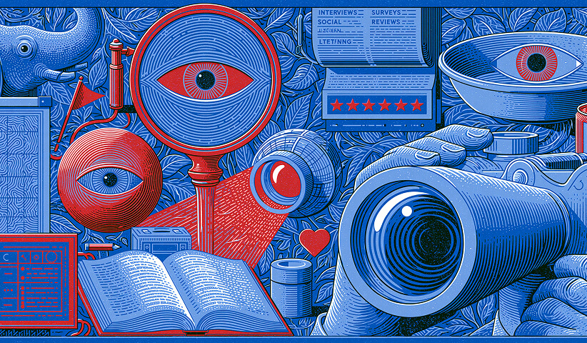 Collection of observation tools, research reports, surveys, and customer feedback, symbolizing audience research and market insights that shape an effective rebranding strategy.