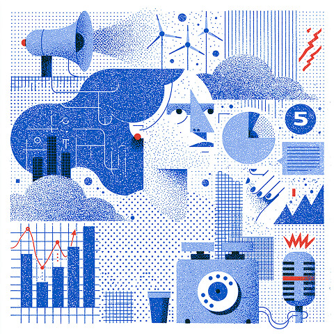 Stylized portrait surrounded by charts, graphs, media icons, and marketing symbols, representing the relationship between branding, communication, market positioning, and business strategy.