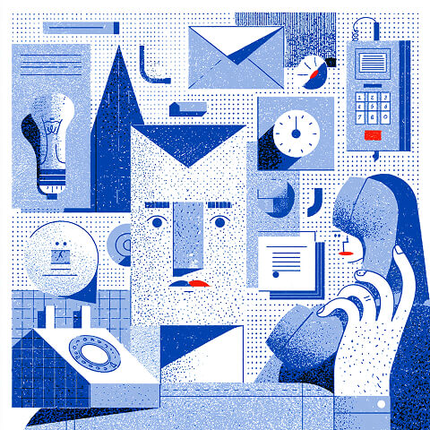 Person speaking on a telephone surrounded by messages, documents, clocks, and communication tools, illustrating how every interaction contributes to brand perception and customer experience.
