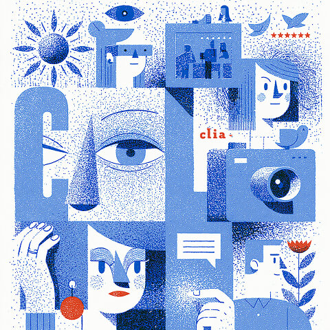 Abstract collage of faces, symbols, communication icons, and customer touchpoints, representing the many components that shape how people perceive and experience a brand.