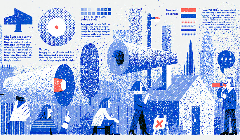 Illustration featuring typography, colour palettes, visual identity elements, messaging, and brand guidelines, representing the foundational building blocks of a cohesive brand identity system.