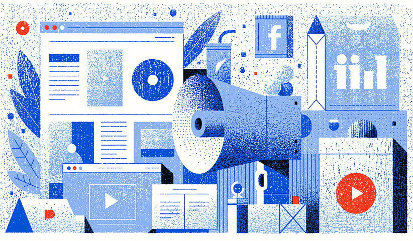 Collection of websites, social media platforms, video, and communication channels centered around a megaphone, illustrating how brands communicate consistently across digital and traditional media.