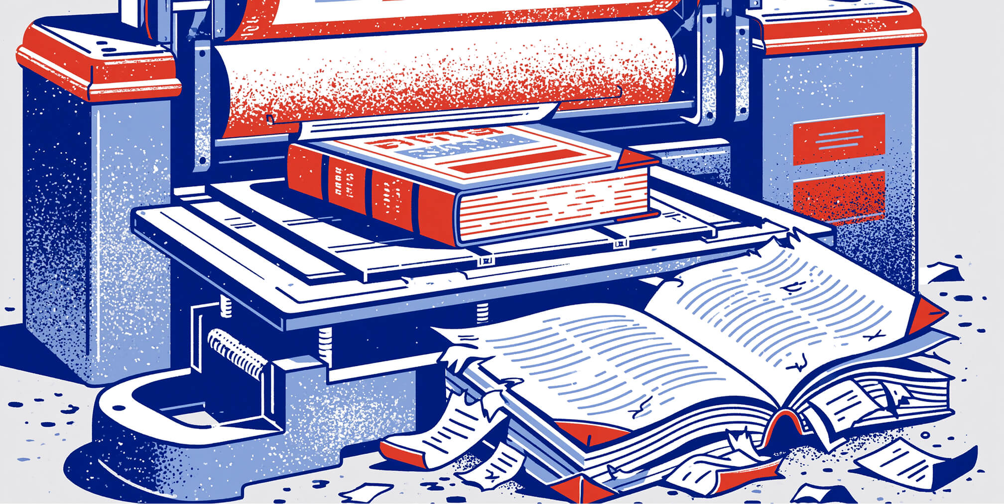 Vintage printing press producing a large hardcover branding book while open reference books and loose pages surround the machine, symbolizing the creation, publication, and enduring value of branding knowledge.