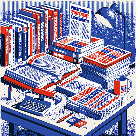 Desk covered with branding books on positioning, messaging, naming, and brand management beside a typewriter and reading lamp, representing the core subjects every branding professional should study.