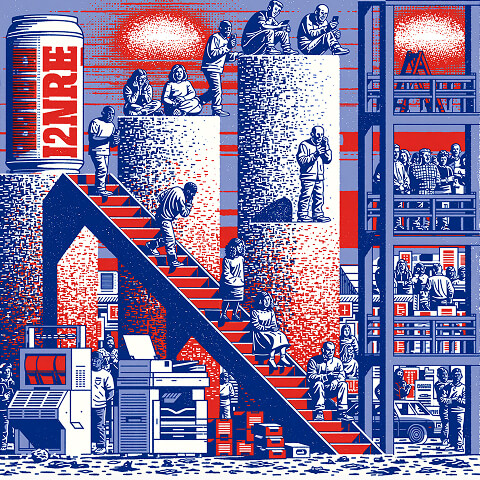 Illustration of people climbing giant stacks of books inside a publishing facility, symbolizing continuous learning, professional growth, and building expertise through reading.