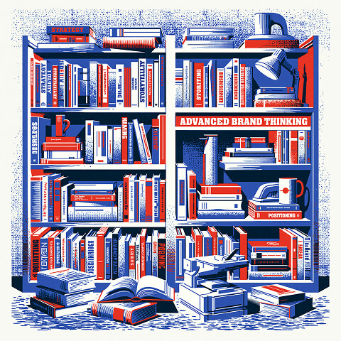 Bookshelf filled with branding, strategy, storytelling, and marketing books alongside stacked reference materials, illustrating a curated library of essential resources for brand professionals.