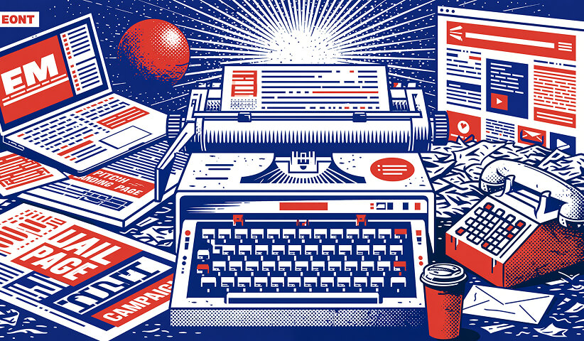 Typewriter surrounded by books, laptops, websites, and printed marketing materials, illustrating how branding ideas move from written theory into modern digital and print execution.
