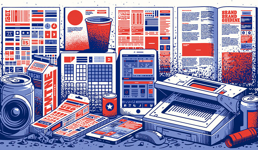 Collection of printed brand guidelines, design systems, mobile interfaces, and publishing tools, representing how branding books influence real-world identity systems and marketing materials.