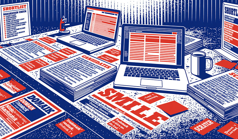 Workspace displaying branding templates, candidate lists, laptops, and printed evaluation sheets, representing the research, organization, and planning involved in building effective brand strategies.