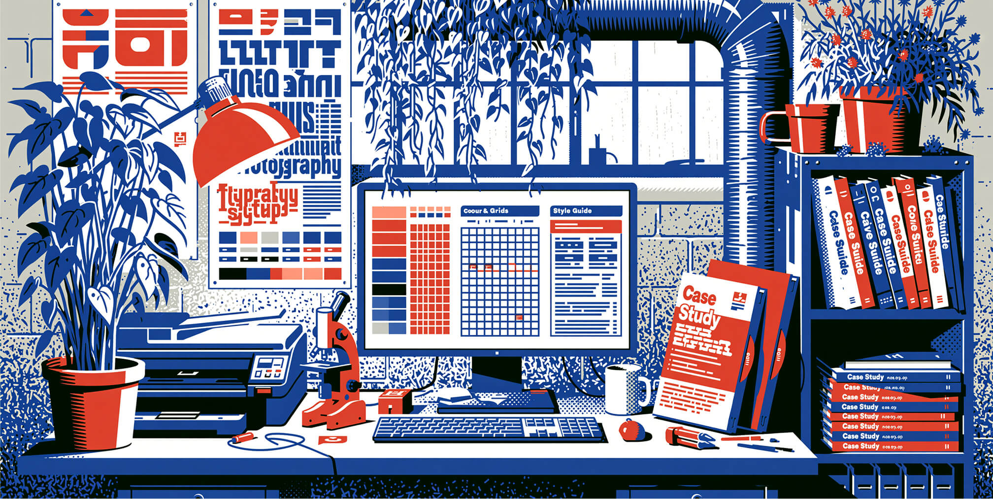 Creative studio featuring brand guidelines, typography posters, case studies, colour systems, and design references, illustrating how branding knowledge is translated into practical creative work.