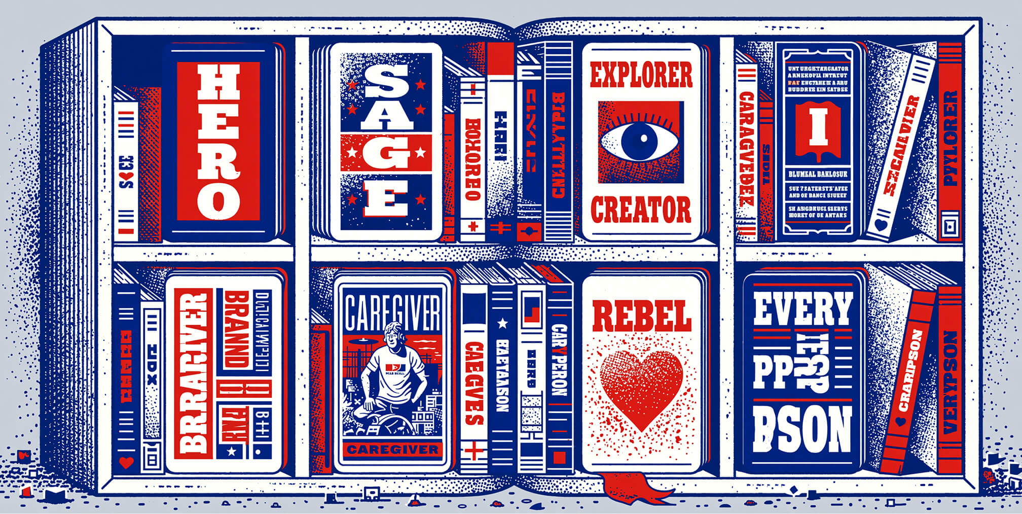 Bookshelf displaying classic branding archetypes such as Hero, Sage, Explorer, Caregiver, and Rebel, illustrating how foundational branding books help define personality, positioning, and brand identity frameworks.