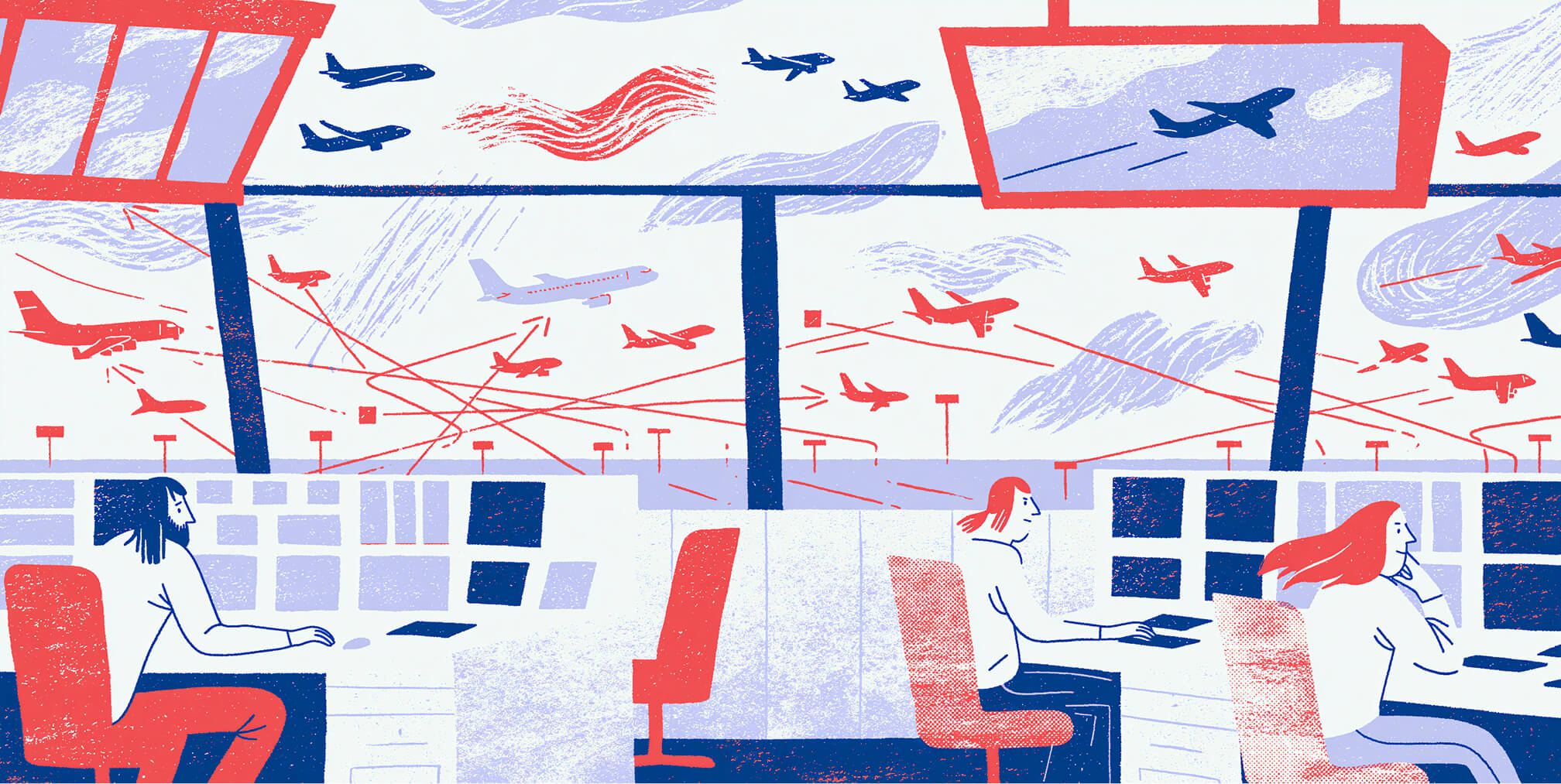Air traffic control center monitoring dozens of aircraft across multiple flight paths, symbolizing the rapid coordination, troubleshooting, and real-time decision-making required during emergency Shopify development support.