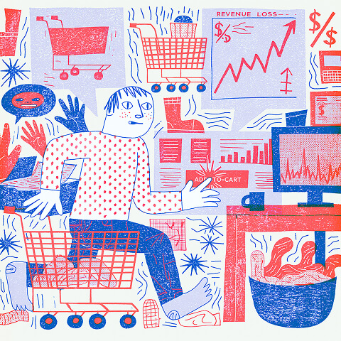 Concerned merchant surrounded by shopping carts, revenue charts, and declining performance metrics, illustrating the business impact of Shopify outages, lost sales, and checkout issues.