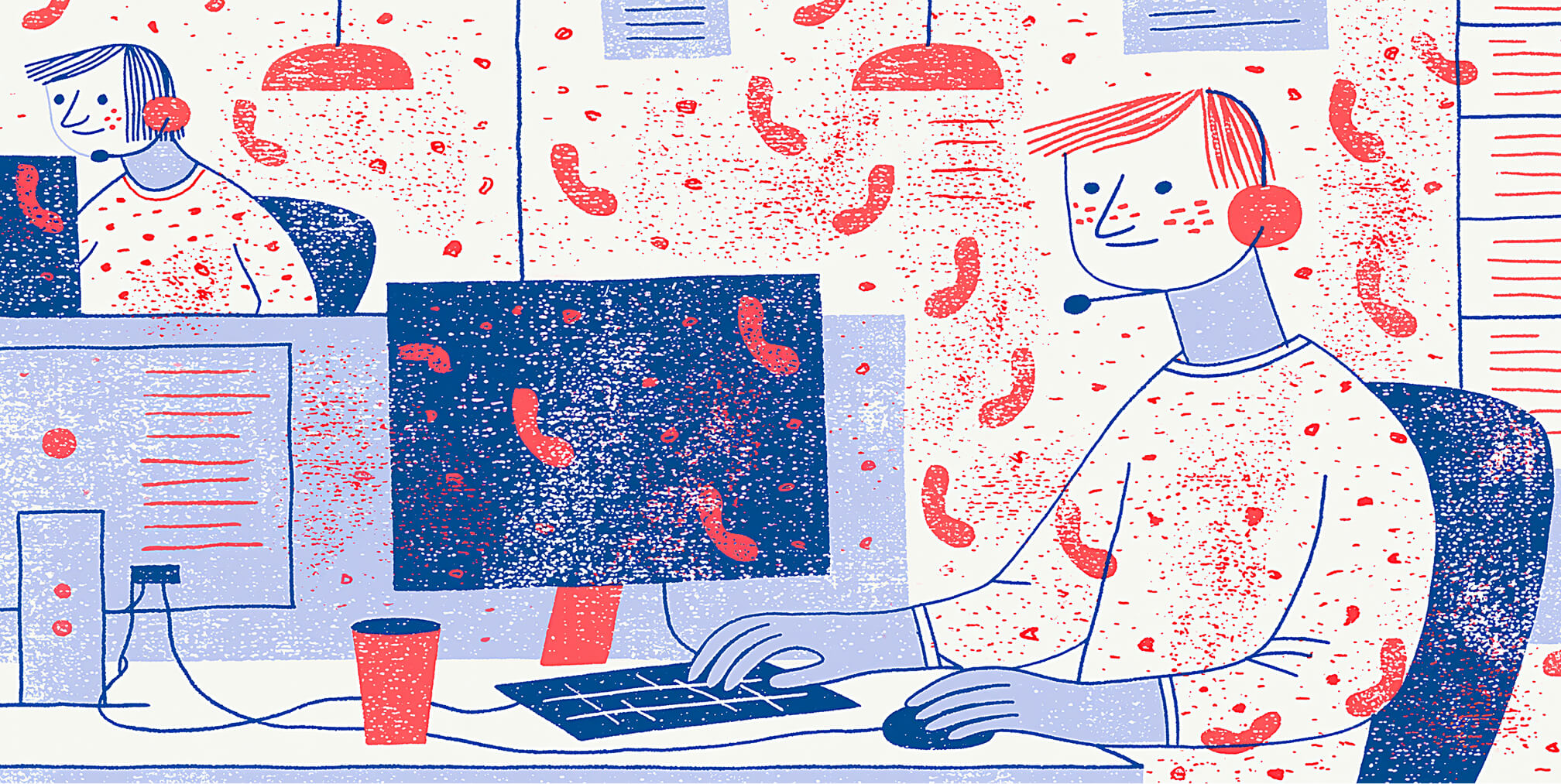 Customer support team wearing headsets assisting users from a modern service center, symbolizing ongoing technical support, fast communication, and responsive developer assistance after emergency Shopify issues are resolved.