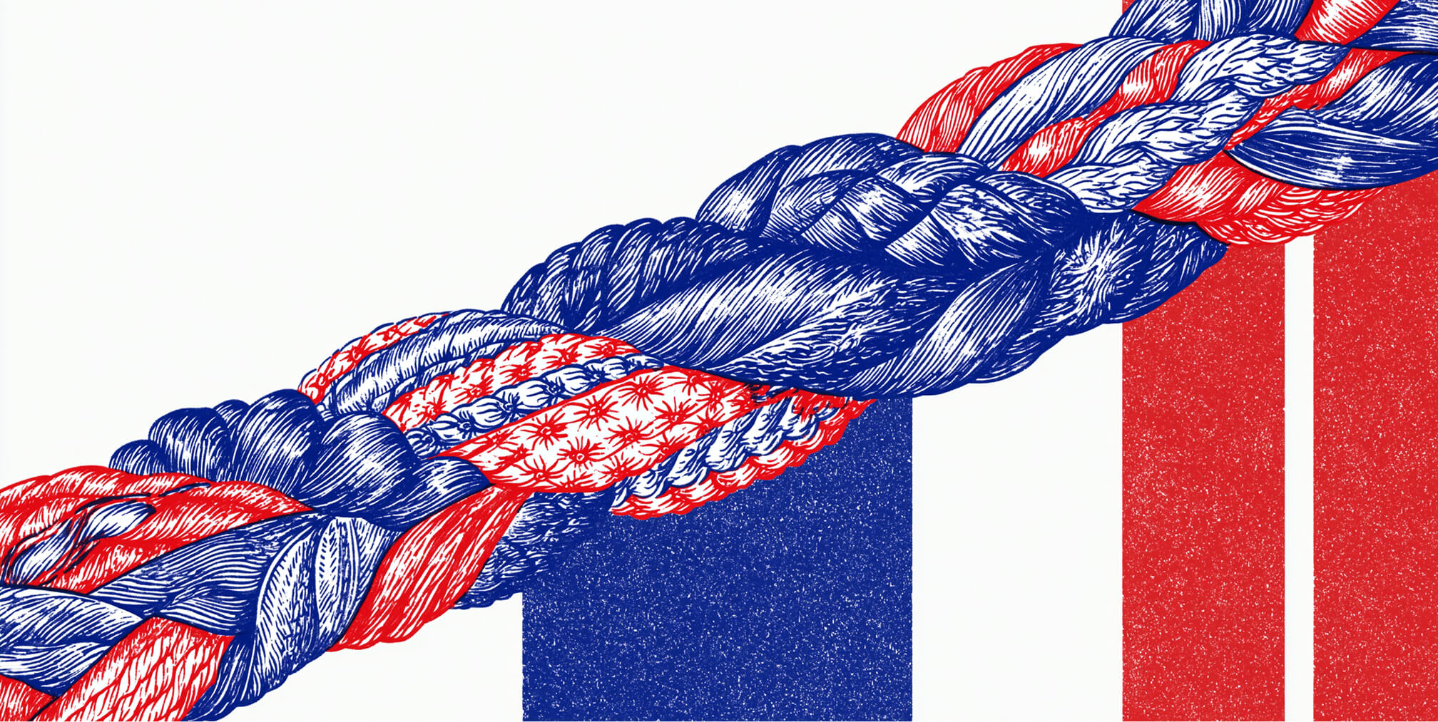 Thick braided rope woven from multiple strands stretches across rising blocks, symbolizing how strong brands are built by combining strategy, identity, messaging, customer experience, and consistency into lasting brand equity.