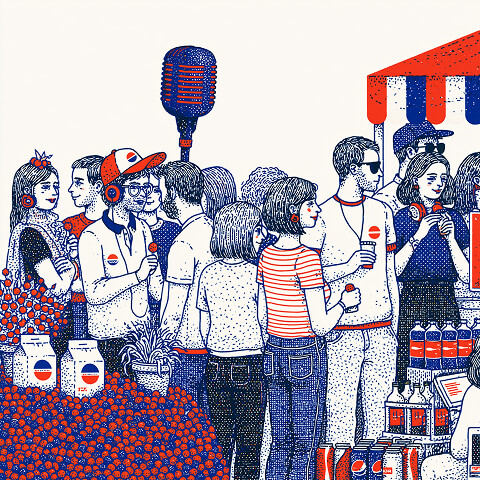 Group of people interacting at a branded event with products, displays, and promotional materials, illustrating how brand experiences strengthen customer engagement and community.
