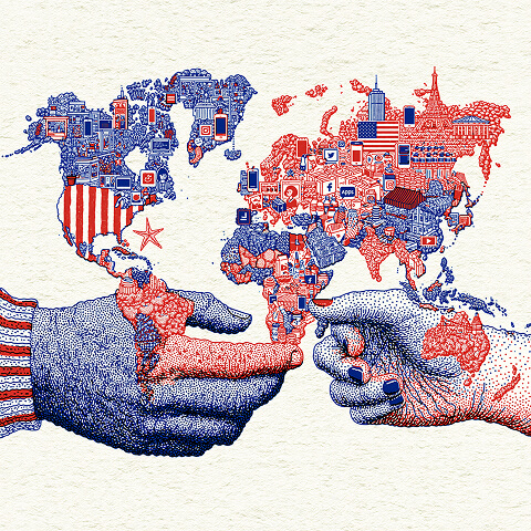 Hands assembling a world map made from digital platforms, cities, and social media icons, symbolizing how global brands connect audiences, markets, and cultures through consistent branding.