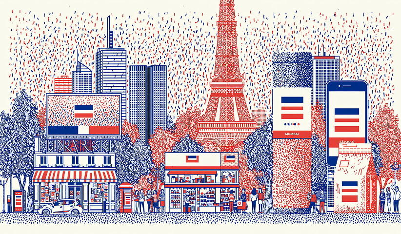 Cityscape blending iconic landmarks, retail storefronts, mobile devices, and digital interfaces, illustrating how brands create consistent experiences across physical and digital markets worldwide.