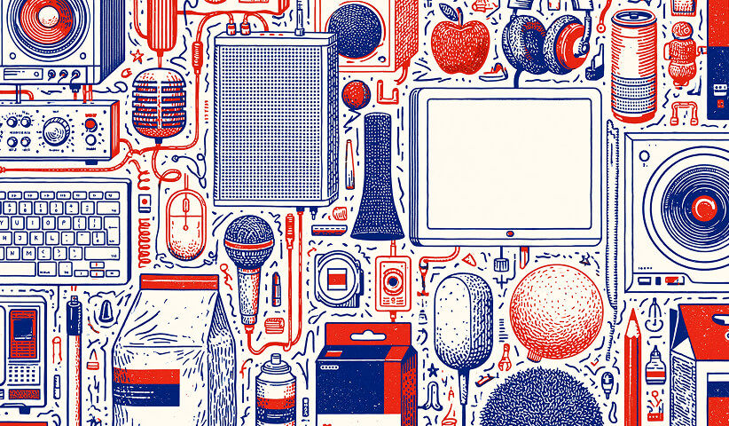 Collection of branded consumer products, electronics, speakers, and packaging arranged together, representing the diverse touchpoints that shape a cohesive brand identity.