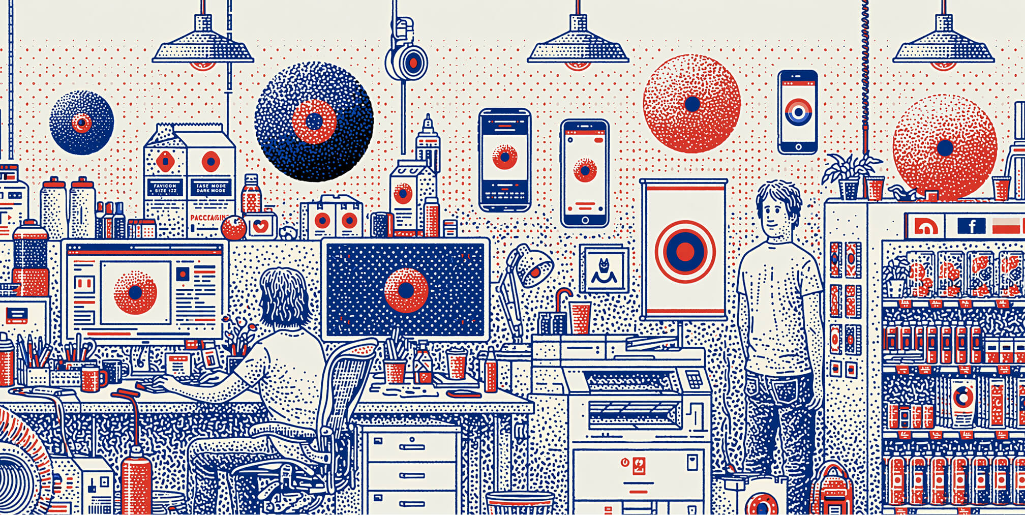Creative studio featuring designers working alongside packaging prototypes, brand assets, digital displays, and retail products, illustrating the collaborative process of building and maintaining a consistent brand identity across every customer touchpoint.