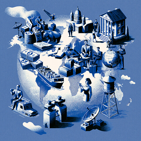 Global business ecosystem featuring executives, shipping, finance, government, logistics, and infrastructure, representing the many stakeholders and systems involved in international expansion.