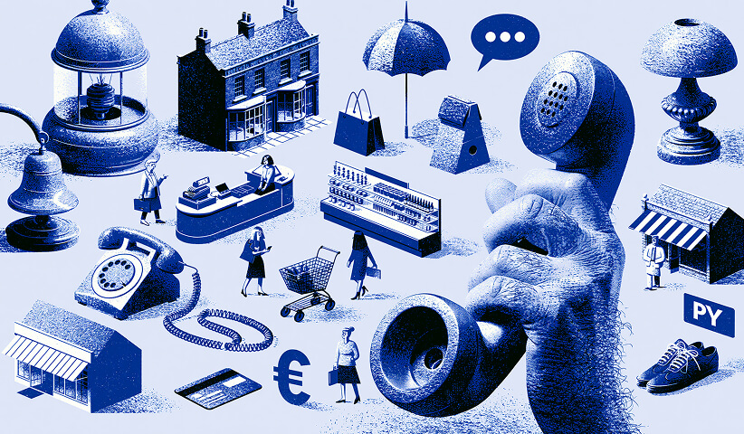 Large telephone receiver surrounded by retail stores, customer service, shopping, payments, and communication icons, illustrating the challenges of supporting customers across different markets and languages.