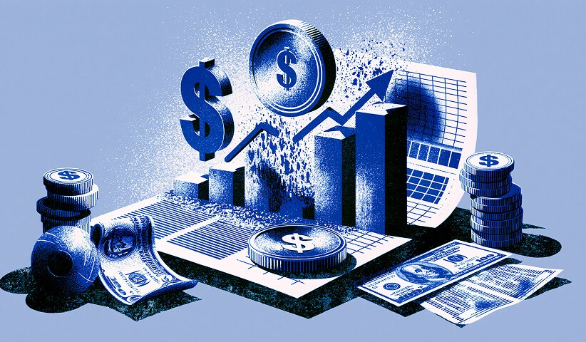 Financial dashboard featuring growth charts, currency symbols, cash, and investment reports, representing the impact of exchange rates, costs, and financial performance on international expansion.
