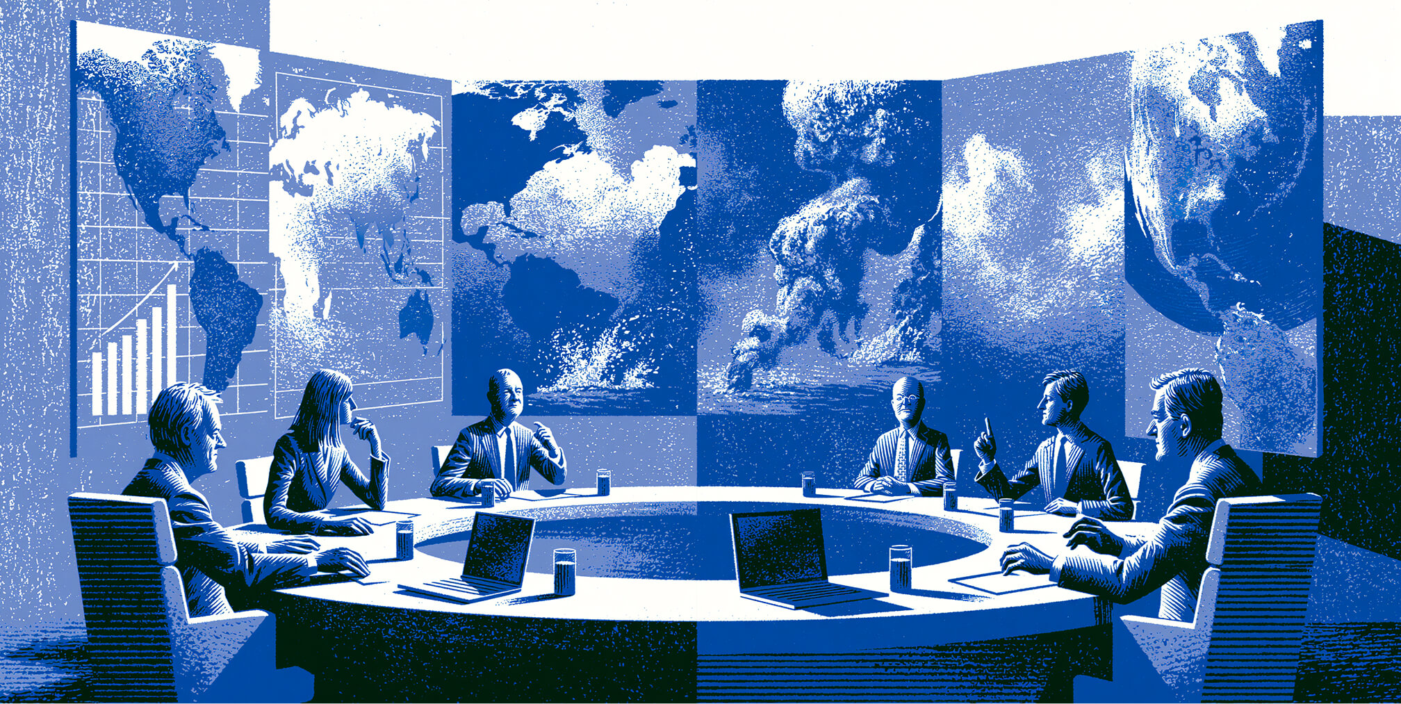 Executive leadership team meeting around a conference table with global maps and market data, illustrating the strategic planning and governance required to manage international business operations.
