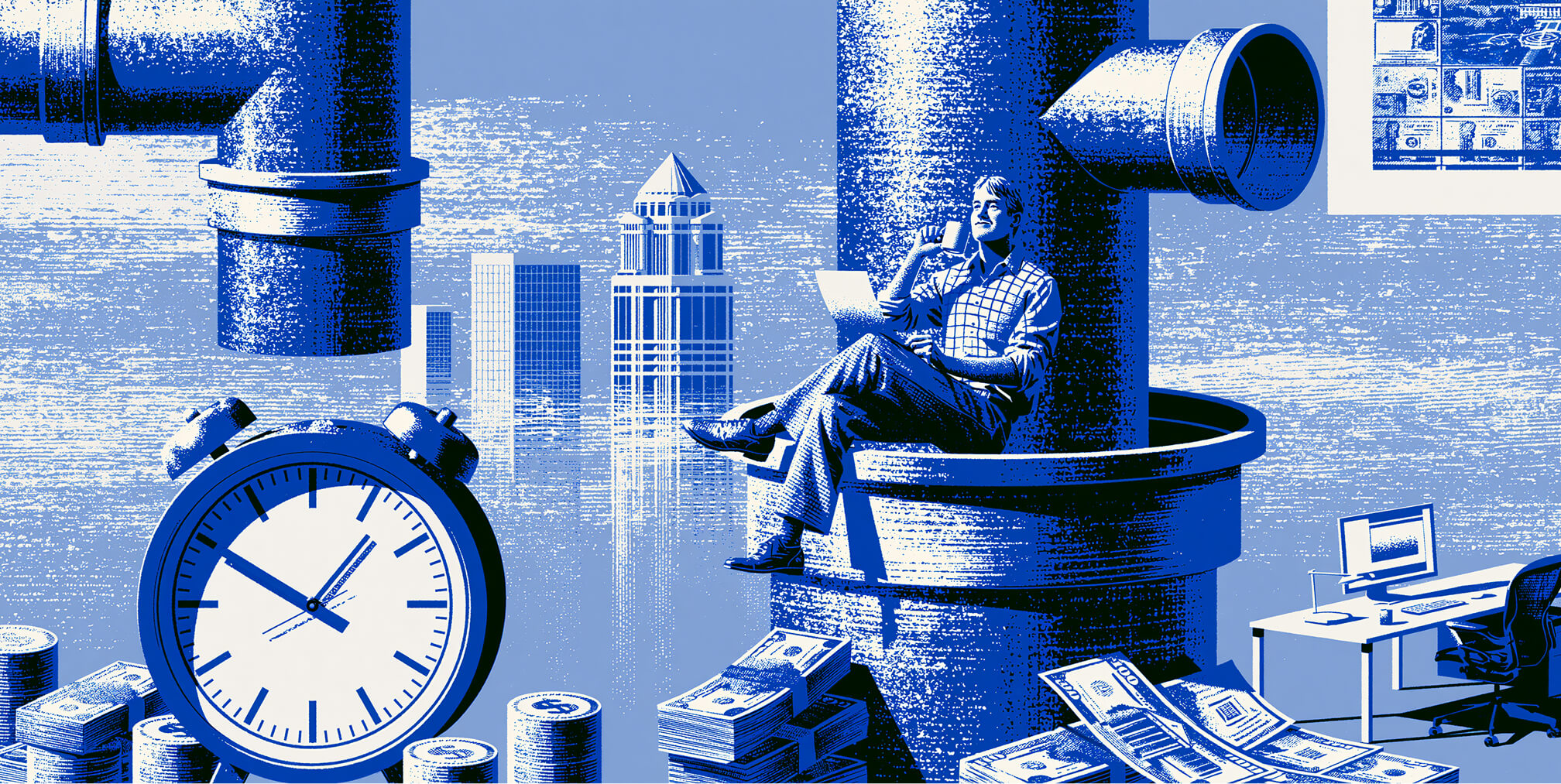 Business professional seated among oversized industrial pipes, clocks, cash, and office equipment, symbolizing the long-term operational demands, infrastructure costs, and ongoing resource commitments of expanding into global markets.