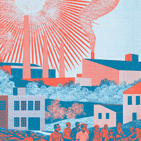 Industrial smokestacks towering over residential neighborhoods with visible pollution, illustrating the environmental consequences of globalization, including emissions, industrialization, and impacts on local communities.