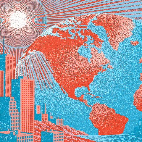 Globe beside an expanding city skyline under intense sunlight, representing globalization's worldwide reach and the uneven distribution of economic development across regions.
