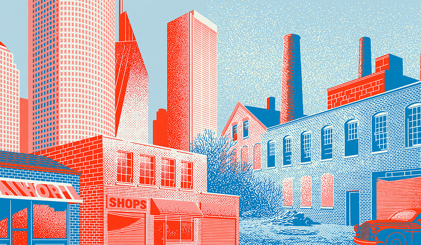 Modern skyscrapers contrasted with older industrial buildings and neighborhood shops, illustrating how globalization can reshape cities while contributing to the decline of traditional industries and local businesses.