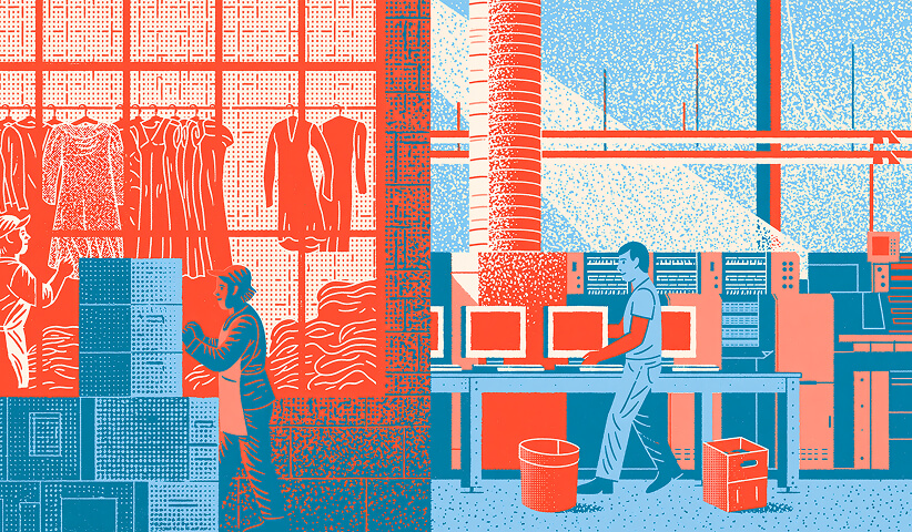 Garment workers, factory employees, and manufacturing facilities shown side by side, representing global supply chains, outsourcing, and shifting employment across international markets.
