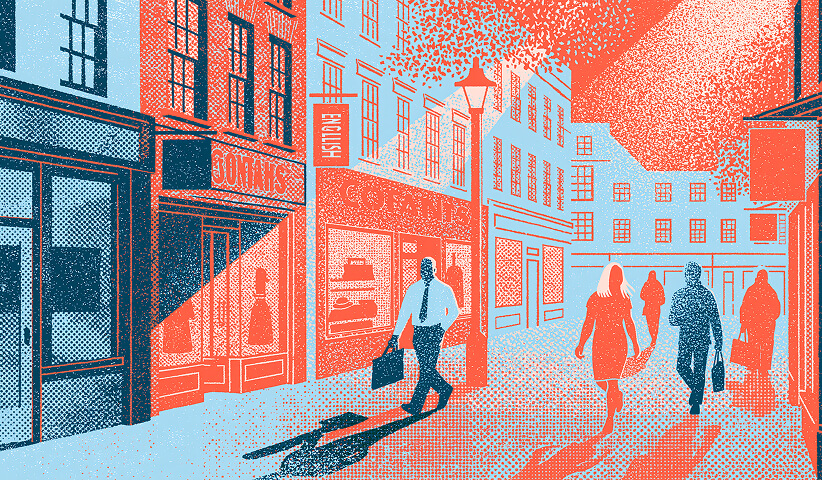 Busy commercial street with shoppers, multilingual storefronts, and pedestrians, illustrating the cultural and economic changes globalization brings to local communities and consumer markets.