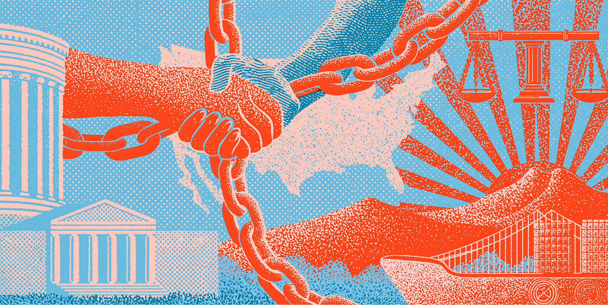 Handshake wrapped in heavy chains with government buildings, scales of justice, shipping infrastructure, and a world map, symbolizing the complex legal, political, and trade relationships that can create challenges and dependencies in a globalized economy.