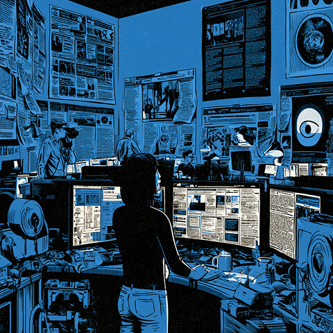 Busy newsroom with journalists monitoring digital publications and news feeds, illustrating content creation, editorial strategy, and maintaining a consistent brand presence online.