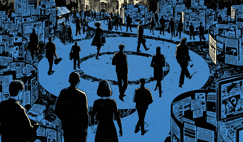 Crowd moving through a public square surrounded by news displays and digital content, symbolizing how brands compete for audience attention across search engines, media, and online platforms.