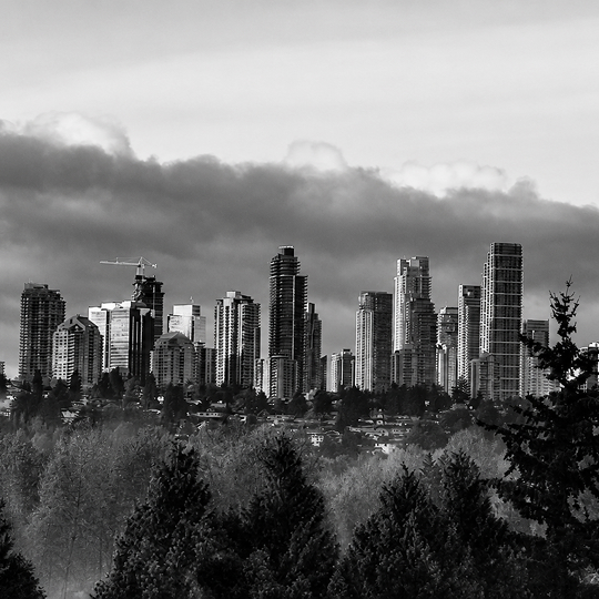 Burnaby skyline with modern high-rise residential towers rising above a lush forested landscape under dramatic clouds.