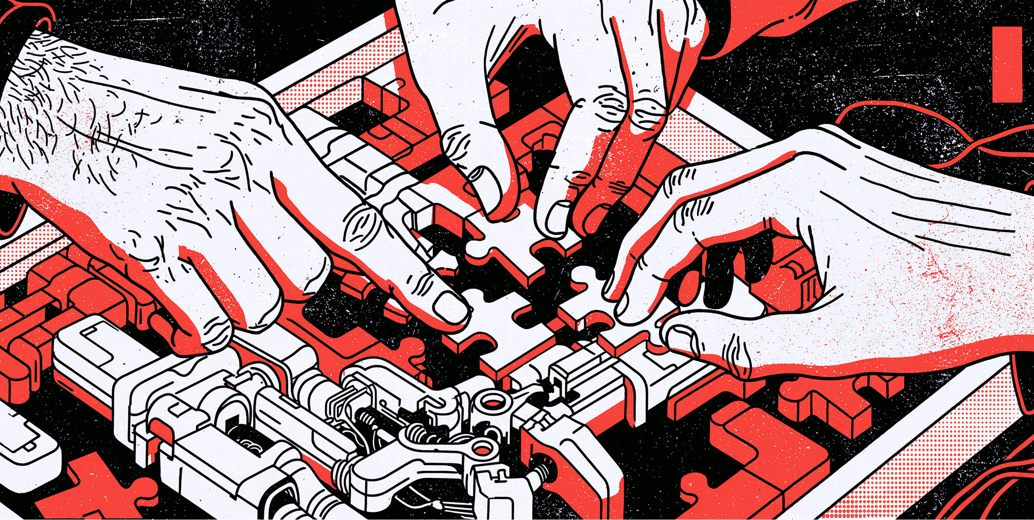 Multiple hands fitting puzzle pieces together over a complex AI system, representing how artificial intelligence and intelligent automation combine human expertise, data, and technology to create integrated business solutions.