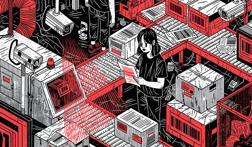 Warehouse employee working alongside automated sorting and scanning systems, illustrating how AI enhances logistics, inventory management, and operational efficiency without replacing human oversight.