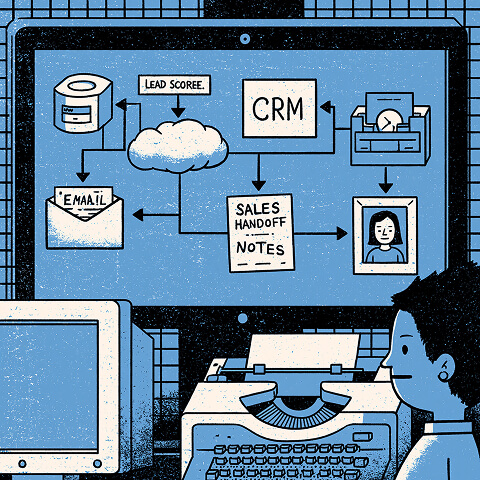Automated marketing workflow connecting CRM, email, lead scoring, cloud systems, and sales handoffs, illustrating how marketing automation streamlines lead management and customer journeys.