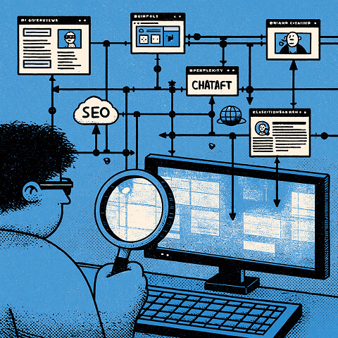 SEO specialist analyzing interconnected search, AI, content, and digital platforms, representing how search optimization now spans AI search engines, websites, and multiple digital touchpoints.