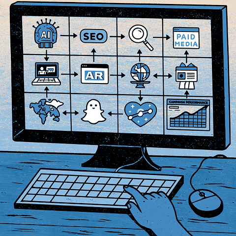 Digital marketing ecosystem connecting AI, SEO, augmented reality, paid media, analytics, and emerging platforms, showing how modern marketing channels work together to create integrated campaigns.